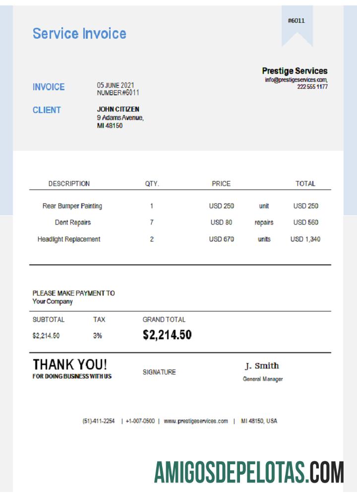 Fatura de serviços Prestige dos EUA exemplo